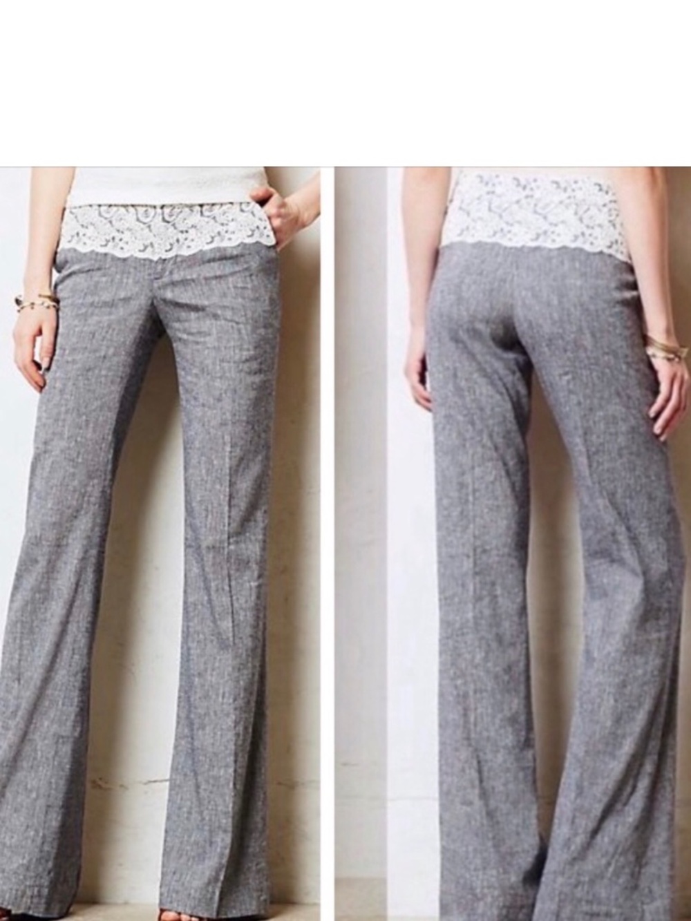 Anthropologie Elevenses Brighton Grey Chambray Lace Waist Overlay Pants SZ 2